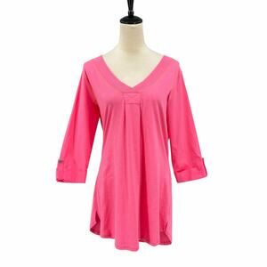 Spanner Sz L Bold Hot Pink Barbiecore V-neck Roll-Tab 3/4 Sleeve Tunic Top